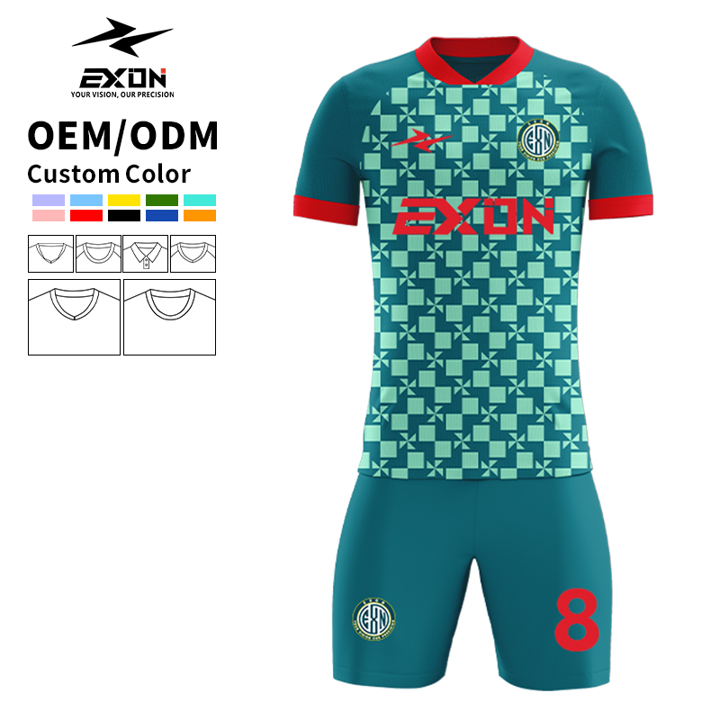 Geometric Emerald Mosaic Soccer Shirt with Crimson Accents - exonsport6