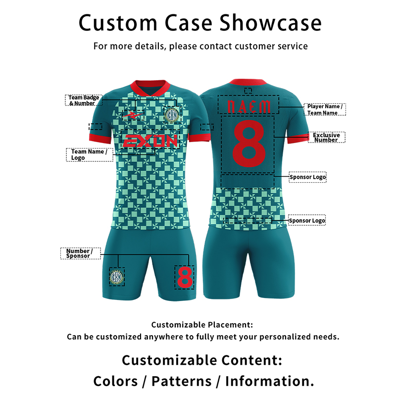Geometric Emerald Mosaic Soccer Shirt with Crimson Accents - exonsport6