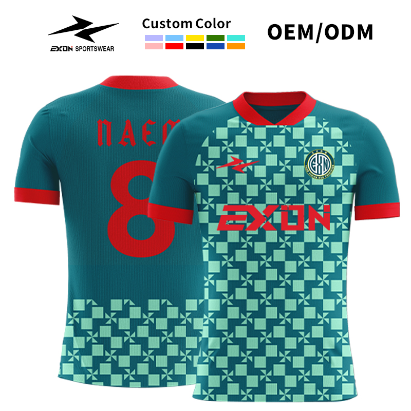 Geometric Emerald Mosaic Soccer Shirt with Crimson Accents - exonsport6